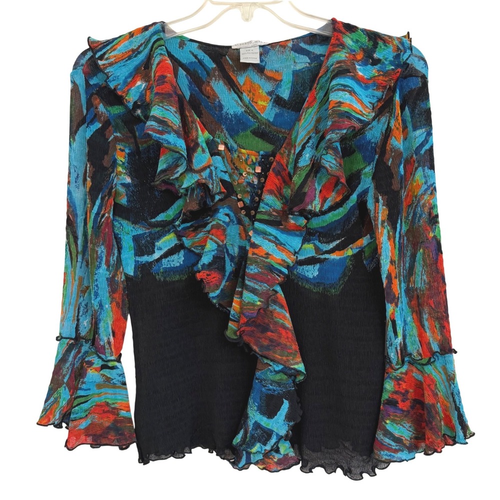 Y2K Alberto Makali Abstract Ruffle Artsy V-Neck Bell Sleeve Sequin Black M NWOT